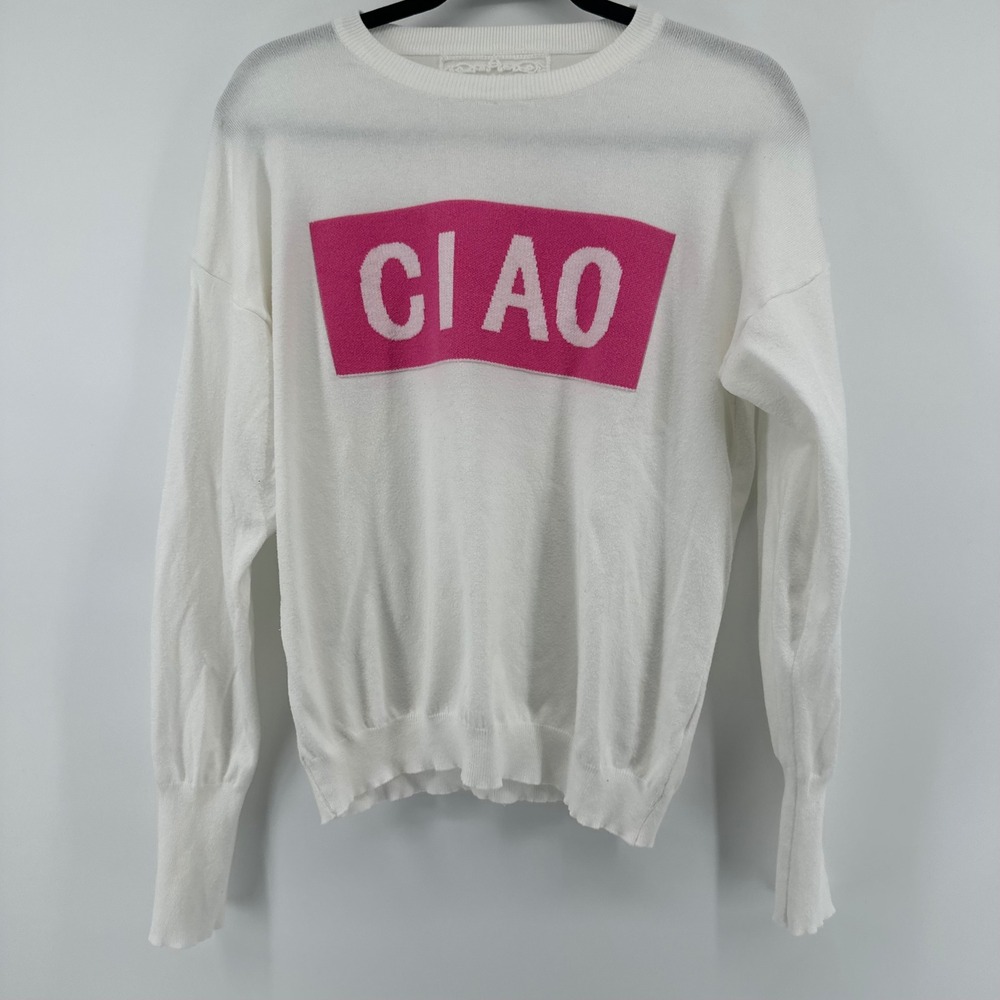 Pink Martini Ciao White Pink Graphic‎ Knit Sweater Top Italian boutique